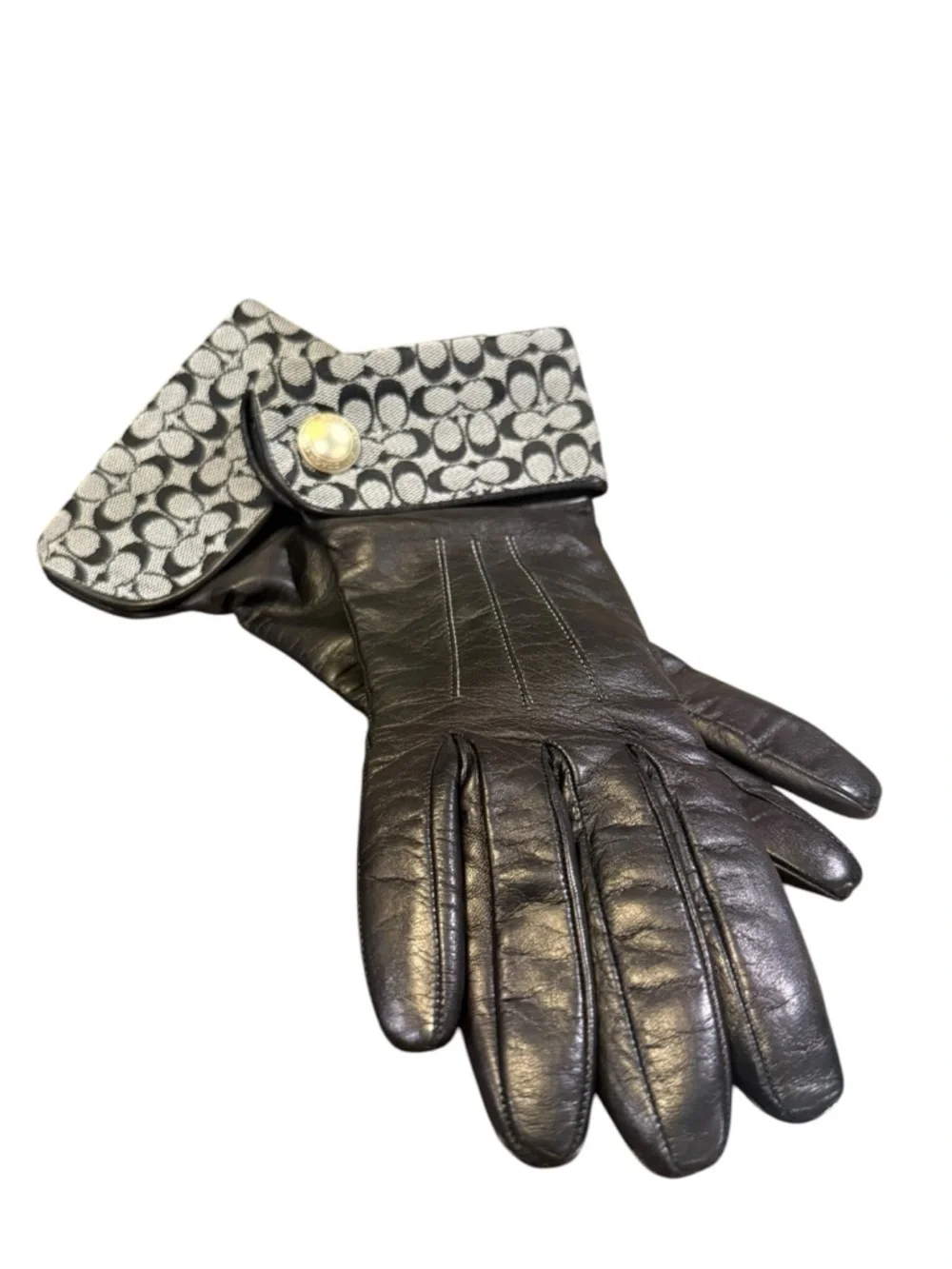 Coach Black Leather Gloves Signature Cuff Cashmere Lined Size 8